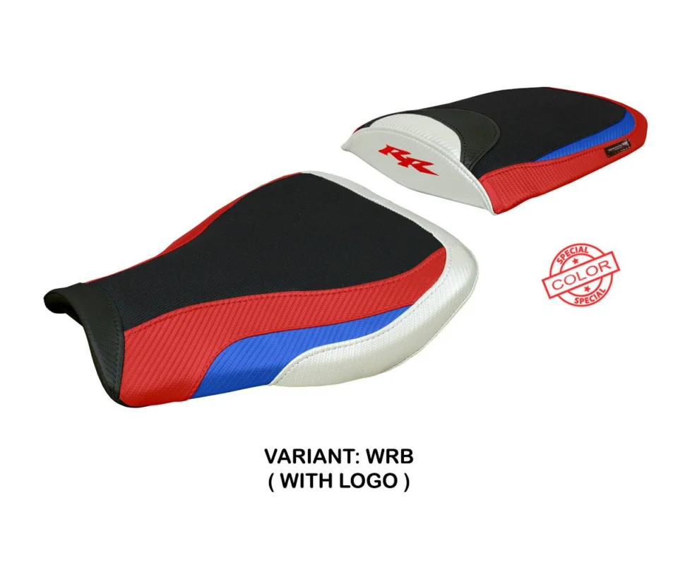 Reso Gratuito Rivestimento sella Huelva Bianco - Rosso - Blu WRB + logo Tpz compatibile per HONDA CBR 600 RRModelli dal 2007 al 2026 HCB6RR7H-WRB-1